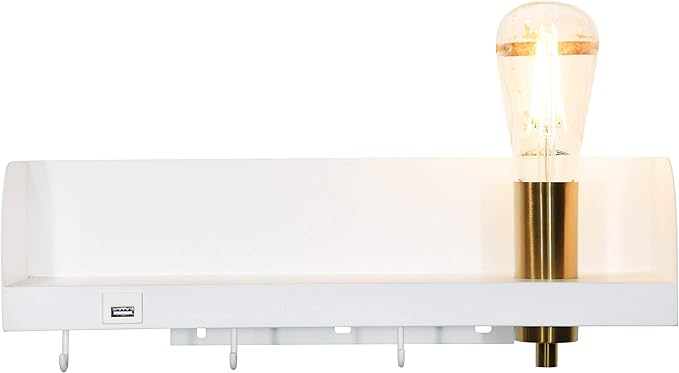 Bloomingville 15.75 in.W Metal Wall Shelf with Light, USP, and 3 Hooks