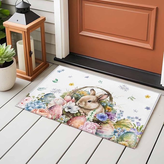 Area Rug 2x3ft, Easter Egg Spring Flower Cute Rabbit Washable Rugs for Living Room Bedroom, Blossom Floral on White Soft Non-Slip Area Rugs Rectangle Floor Carpet for Dining Room