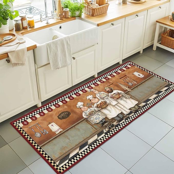 Runner Rug for Bedroom Hallway, Farmhouse Cartoon Chef Kitchen Runner Rugs Area Rug 2x6ft, Cooking Theme Black White Checkered Washable Soft Floor Carpet for Entryway Stair