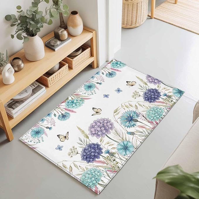 Area Rug 2x3ft, Spring Flower Thistle Hydrangea Washable Rugs for Living Room Bedroom, Wild Garden Floral Butterfly Soft Non-Slip Area Rugs Rectangle Floor Carpet for Dining Room