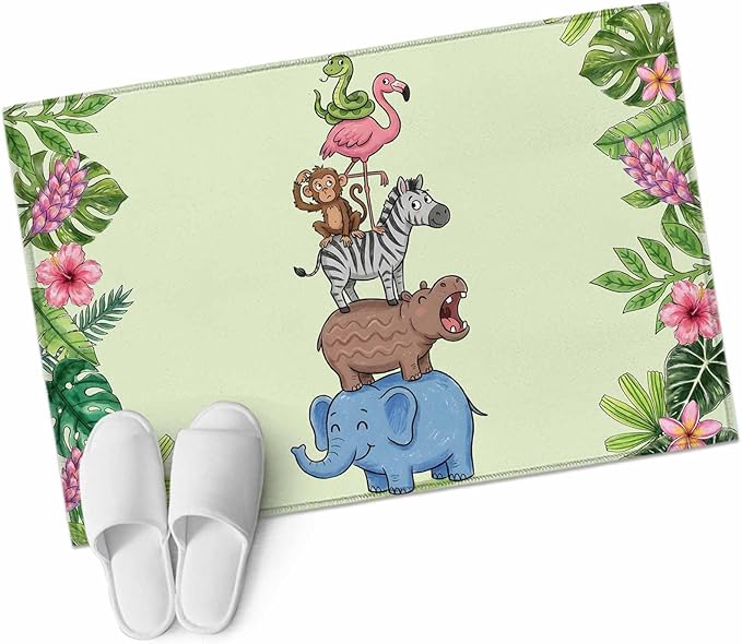 Area Rug 2x3ft, Funny Elephant Zebra Flamingo Washable Rugs for Living Room Bedroom, Tropical Leaves Floral Soft Non-Slip Area Rugs Rectangle Floor Carpet for Dining Room