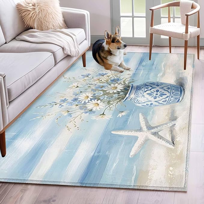 Area Rug 4x6ft, Summer Beach Starfish Flower Washable Rugs for Living Room Bedroom, Marine Theme Daisy Vase Soft Non-Slip Area Rugs Rectangle Floor Carpet for Dining Room