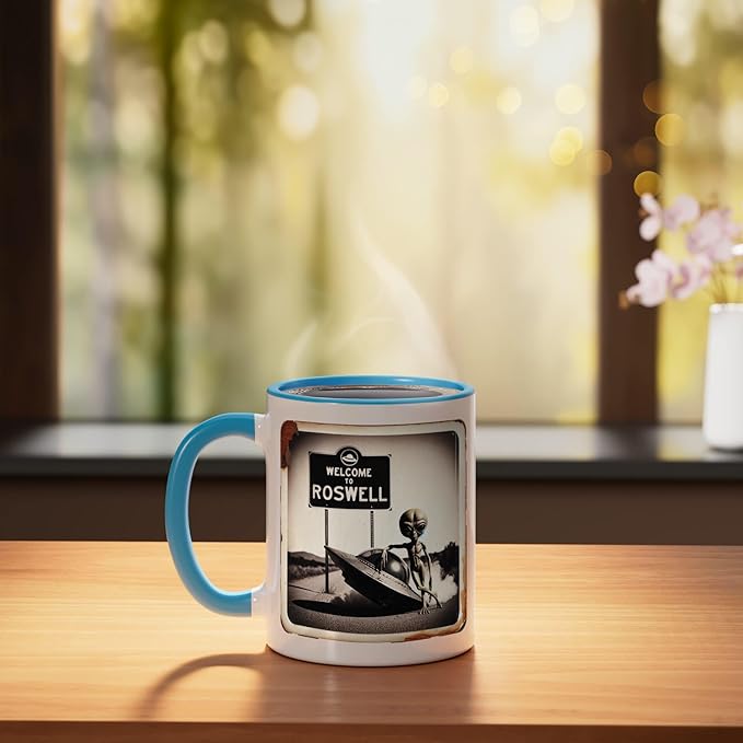 Vintage Alien UFO Crash At Roswell 1947 Photo Ceramic Mug, Blue/White