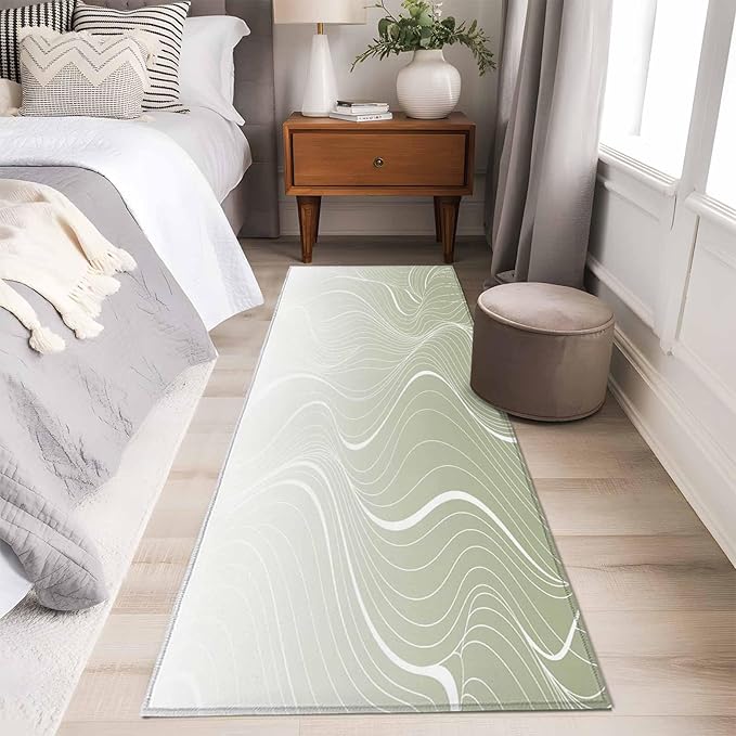 Runner Rug for Bedroom Hallway, Sage Green Wavy Gradient Stripes Kitchen Runner Rugs Area Rug 2x6ft, Geometric Abstract Art Washable Soft Floor Carpet for Entryway Stair