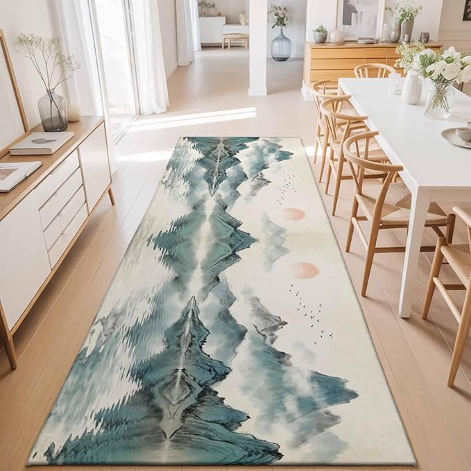 Runner Rug for Bedroom Hallway, Chinese Zen Landscape Ombre Kitchen Runner Rugs Area Rug 2x6ft, Abstract Mountain Lake Washable Soft Floor Carpet for Entryway Stair