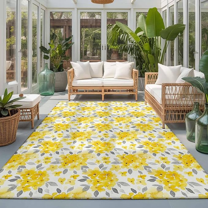 Area Rug 3x5ft, Summer Pastoral Yellow Flower Washable Rugs for Living Room Bedroom, Country Floral Leaf Theme Soft Non-Slip Area Rugs Rectangle Floor Carpet for Dining Room