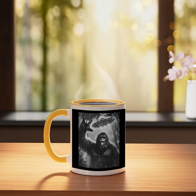 Funny Sasquatch Bigfoot Rock On Selfie with UFO Alien Saucer Ceramic Mug, Yellow/White
