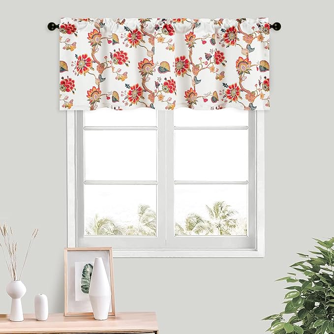 Leeva Floral Bedroom Valance Curtains, Linen Textured Valance Home Decor Rod Pocket Curtain Drapery for Dining Room, 1 Pack, 52 x 18 Inches, Red