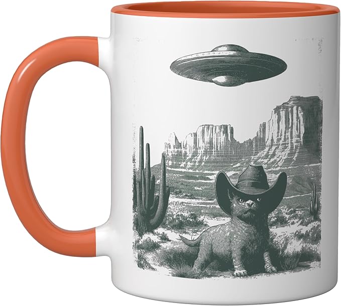 Desert Cat in Hat UFO Encounter Vintage Engraving Ceramic Mug, Orange/White