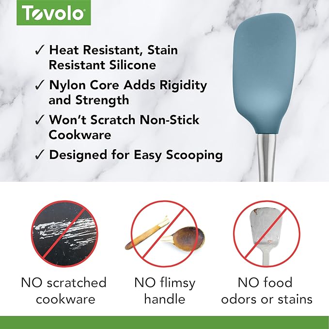 Tovolo Spoon Spatula Spoonula with Stainless Steel Handle Ergonomic Grip, Silicone Scoopula Kitchen Utensil Non Scratch Easy Clean Dishwasher Safe Heat Resistant Flex Core Scoop Spatula, Blue Slate