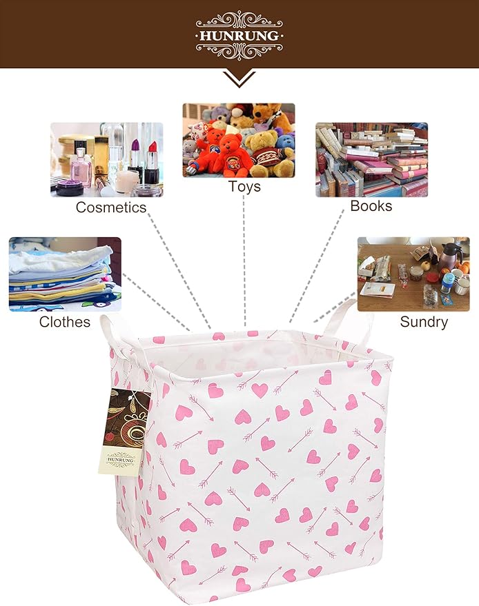 HUNRUNG Square Storage Bins Nursery Hamper Canvas Laundry Basket Foldable with Waterproof Nursery Boxes for Shelves/Gift Baskets/Toy Organizer/Office, Bedroom (Square-Pink-heart-arrow)