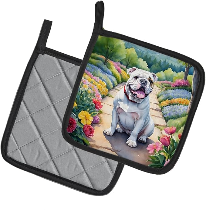 Caroline's Treasures English Bulldog Spring Path Pair of Pot Holders Kitchen Heat Resistant Pot Holders Sets Oven Hot Pads for Cooking Baking BBQ, 7 1/2 x 7 1/2