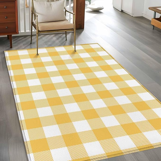Area Rug 4x6ft, Rustic Country Yellow and White Buffalo Lattice Checked Washable Rugs for Living Room Bedroom, Farm Style Soft Non-Slip Area Rugs Rectangle Floor Carpet for Dining Room