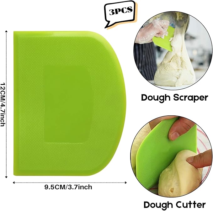 SURDOCA Dough Scraper Bench Scraper - 3P 4.7x3.7" Plastic Flexible Bowl Scraper, Sharp Edge & Angles Cake Scraper. Non-Slip Bakeware Decorating Tools Sculpting & Modeling Tools - White+Yellow+Green