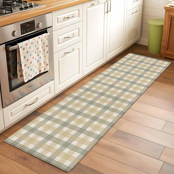 Runner Rug for Bedroom Hallway, Farmhouse Vintage Beige Tan Buffalo Plaid Kitchen Runner Rugs Area Rug 2x6ft, Rustic Linen Washable Soft Floor Carpet for Entryway Stair