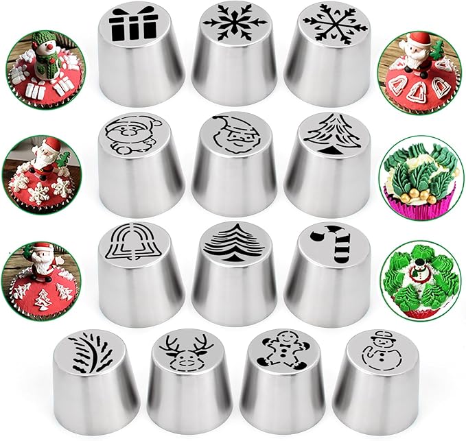 25 Pcs Christmas Extra Large Piping Tips Set, Includes 13 Stainless Steel Icing Nozzles for Cake Decorating, Baking Tools for Decorating Cakes and Cookies, with 1 Cleaning Brush and 10 Pastry Bags