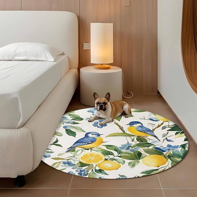 Washable Round Area Rug Pastoral Vintage Lemon Blue Bird Circle Rugs Floor Carpet for Living Room Bedroom, Retro Yellow Fruit Flowers Soft Non Slip Round Rug 5ft