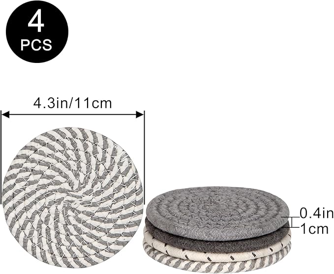 Coasters Set of 4, Absorbent Coaster for Drinks, Coffee, Cute Coasters in 4 Colors, Cotton Woven Coaster for Home Decor, Tabletop Protection, 4.3 Inches Suitable for Most Cups(Set1 (4pcs)/4.3in)