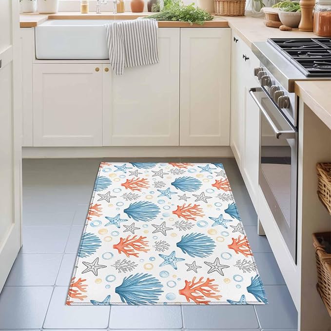 Area Rug 2x3ft, Coastal Starfish Shell Coral Washable Rugs for Living Room Bedroom, Ocean Bubble Blue Black Orange Soft Non-Slip Area Rugs Rectangle Floor Carpet for Dining Room
