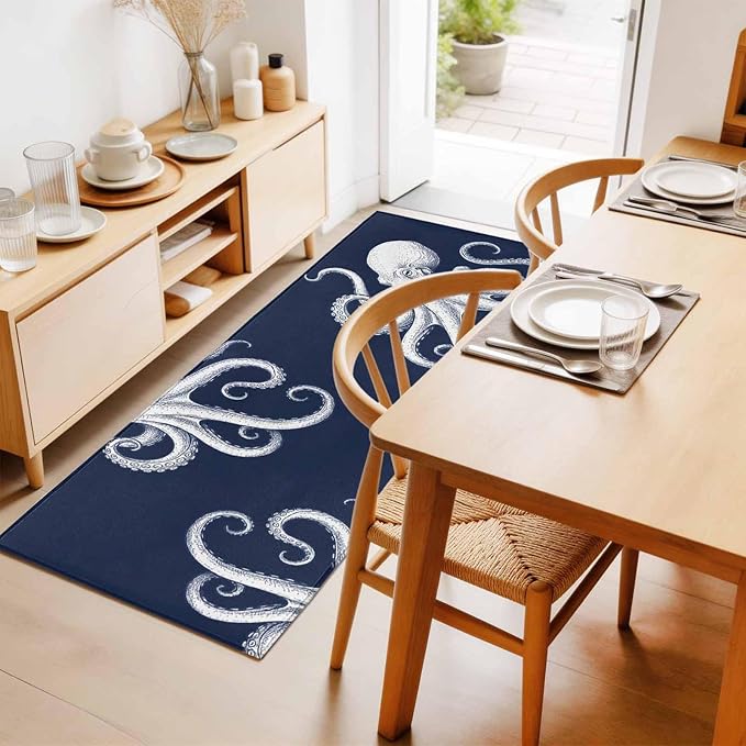 Runner Rug for Bedroom Hallway, Underwater Ocean Giant Octopus Kitchen Runner Rugs Area Rug 2x6ft, Navy Blue White Marine Life Washable Soft Floor Carpet for Entryway Stair
