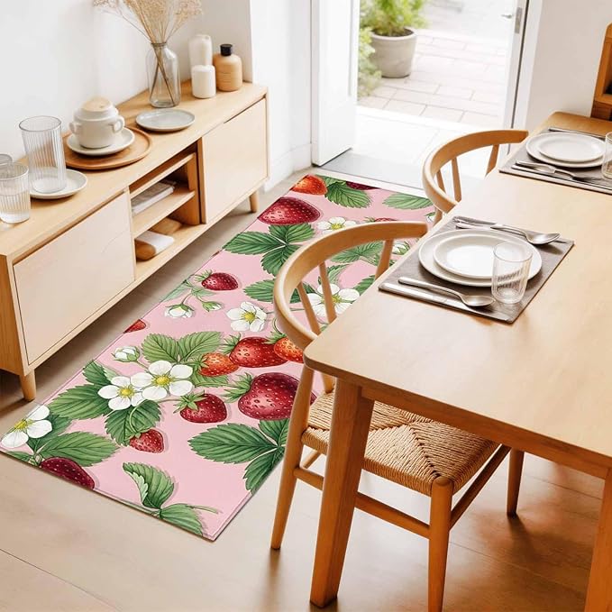Runner Rug for Bedroom Hallway, Summer Strawberry Bush on Pink Kitchen Runner Rugs Area Rug 2x6ft, Forest Green Foliage Washable Soft Floor Carpet for Entryway Stair