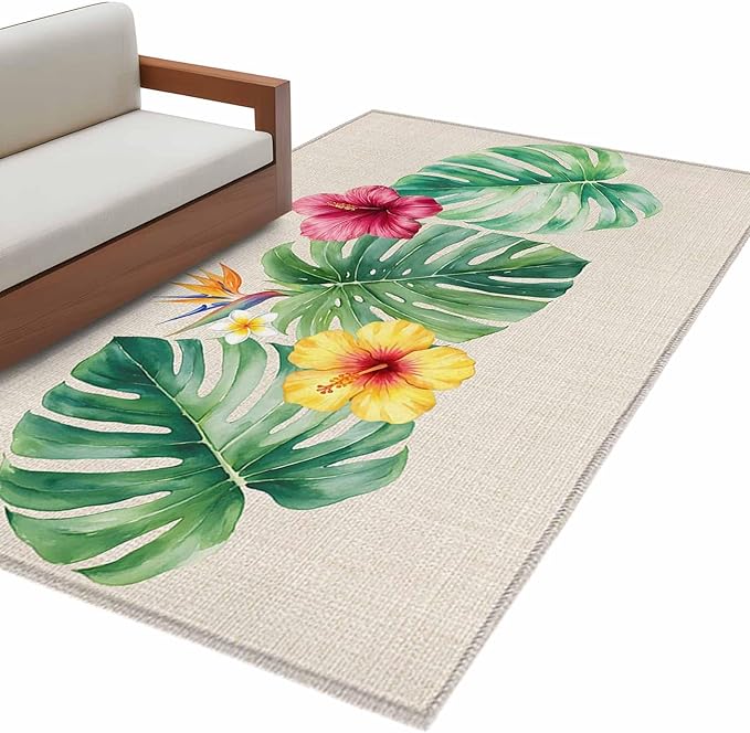 Area Rug 4x6ft, Country Monstera Hibiscus Foliage Washable Rugs for Living Room Bedroom, Tropical Plant Vintage Linen Soft Non-Slip Area Rugs Rectangle Floor Carpet for Dining Room