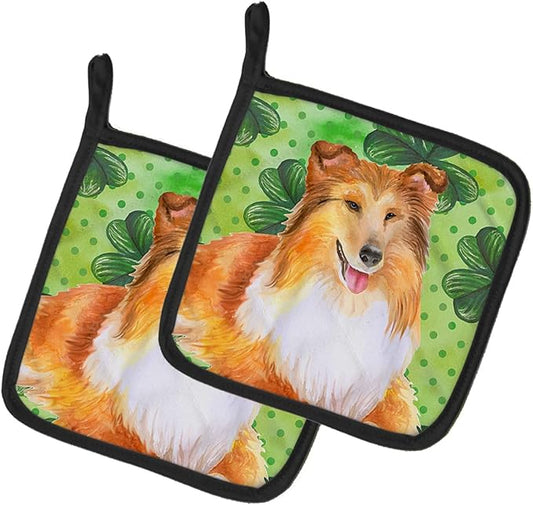 Caroline's Treasures BB9894PTHD Sheltie St Patrick's Pair of Pot Holders, Green Kitchen Heat Resistant Pot Holders Sets Oven Hot Pads for Cooking Baking BBQ, 7 1/2 x 7 1/2