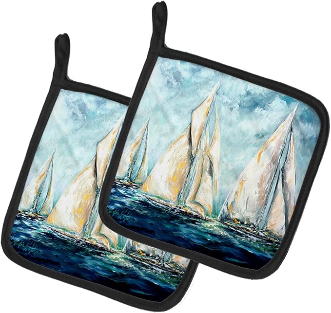 Caroline's Treasures MW1355PTHD Sailboats Last Mile Pair of Pot Holders Kitchen Heat Resistant Pot Holders Sets Oven Hot Pads for Cooking Baking BBQ, 7 1/2 x 7 1/2
