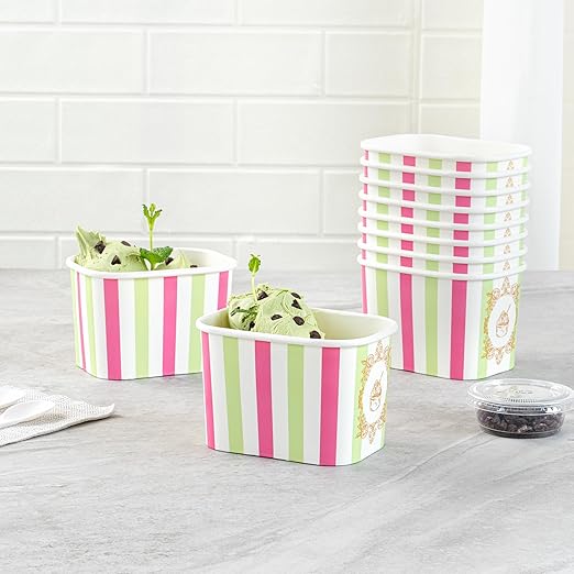 Restaurantware Paper Cups 50 Count 12 Ounce Square Disposable Ice Cream Containers, Leak-Resistant Paper Dessert To Go Cups, Hot And Cold Food, Durable Green And Pink Stripe Design
