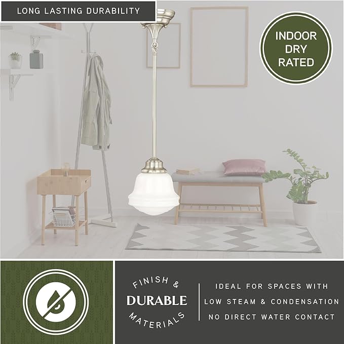 VAXCEL Huntley Satin Nickel Farmhouse Schoolhouse Mini Pendant Ceiling Light White Glass