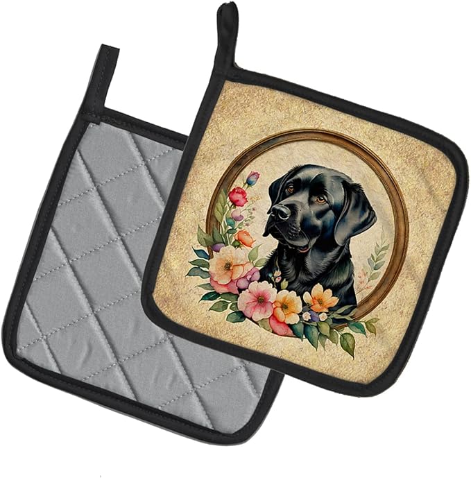 Caroline's Treasures Black Labrador Retriever and Flowers Pair of Pot Holders Kitchen Heat Resistant Pot Holders Sets Oven Hot Pads for Cooking Baking BBQ, 7 1/2 x 7 1/2