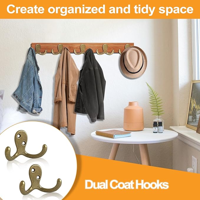 CBWLWJ 10 Pack Coat Hooks Wall Hooks for Hanging, Heavy Duty Double Prong Metal Hook Wall Mounted for Living Room, Bathroom, Kitchen, Bedroom for Coat, Bag, Scarf, Towel, Hat, Key, Cup (Bronze)