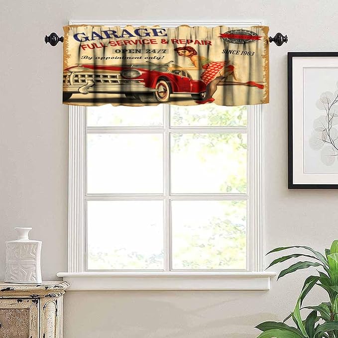Car Vintage Garage Valance Curtain Retro Girl 1960S Mechanic Classic Signboard 1950S Aged Rod Pocket Valance Window Treatments Short Curtains for Kitchen Bathroom 54x18inch