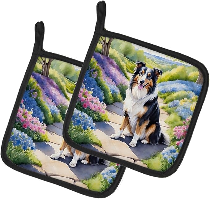 Caroline's Treasures Collie Spring Path Pair of Pot Holders Kitchen Heat Resistant Pot Holders Sets Oven Hot Pads for Cooking Baking BBQ, 7 1/2 x 7 1/2