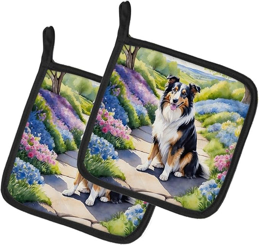 Caroline's Treasures Collie Spring Path Pair of Pot Holders Kitchen Heat Resistant Pot Holders Sets Oven Hot Pads for Cooking Baking BBQ, 7 1/2 x 7 1/2
