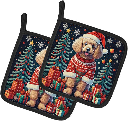 Caroline's Treasures Apricot Toy Poodle Christmas Pair of Pot Holders Kitchen Heat Resistant Pot Holders Sets Oven Hot Pads for Cooking Baking BBQ, 7 1/2 x 7 1/2