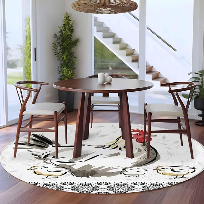 Washable Round Area Rug Country Farmhouse Rooster Circle Rugs Floor Carpet for Living Room Bedroom, Watercolor Animal Flower Pattern Soft Non Slip Round Rug 5ft