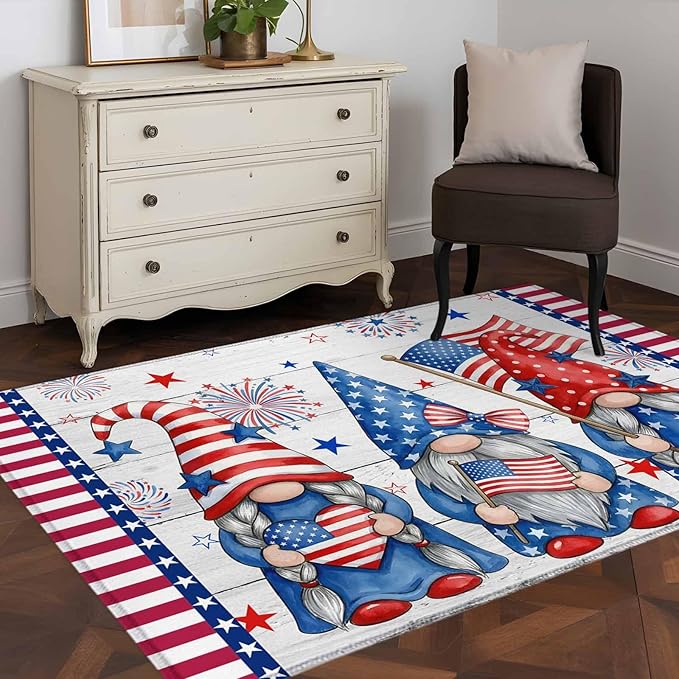 Area Rug 3x5ft, Independence Day USA Flag Star Dwarf Washable Rugs for Living Room Bedroom, Stripes on Wood Grain Soft Non-Slip Area Rugs Rectangle Floor Carpet for Dining Room