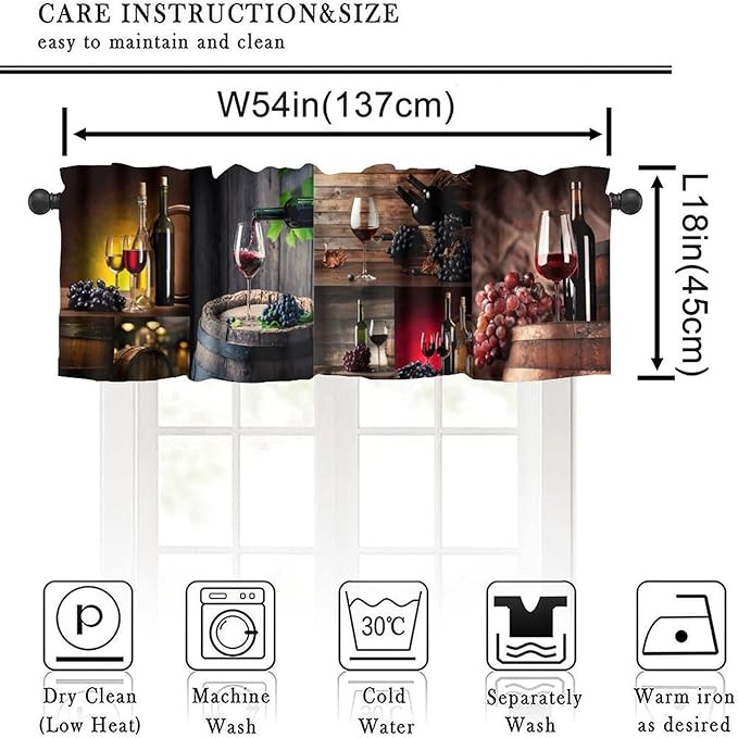 Wine Kitchen Valance, Rustic Wooden Board Wine Barrel Glass Grape Short Window Treatment for Home Bar Dining Bedroom Living Room Resturant, 54x18Inch