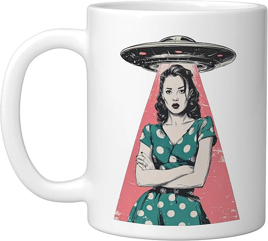 Retro 1950s UFO Abduction Woman Sci Fi Alien Ceramic Mug, White