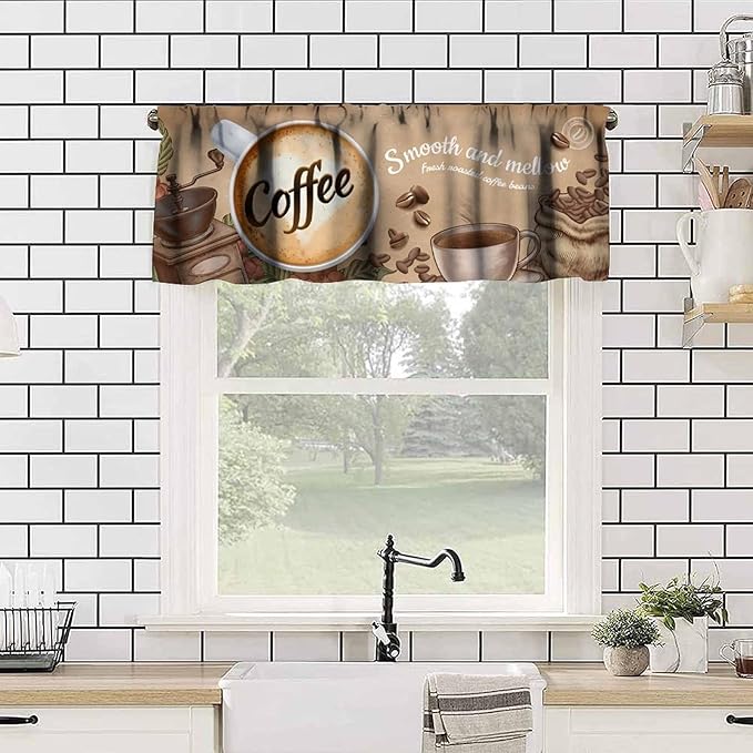 Vintage Coffee Valance, Fresh Roasted Coffee Beans Farmhouse Short Window Treatment for Cafe Kitchen Dining Room Resturant Bedroom Living Room, 54x18Inch