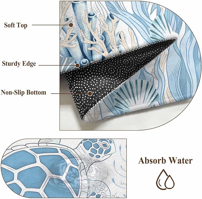 Washable Round Area Rug Blue Sea Turtles Stars Corals Circle Rugs Floor Carpet for Living Room Bedroom, Vintage Marine Life Soft Non Slip Round Rug 4ft