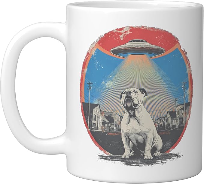 Retro UFO Bulldog Abduction Vintage Sci Fi Alien Invasion Ceramic Mug, White