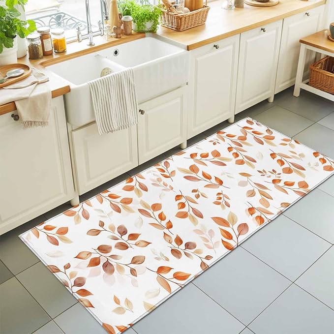Runner Rug for Bedroom Hallway, Autumn Orange Leaf Botanical Kitchen Runner Rugs Area Rug 2x6ft, Abstract Vine Pattern Washable Soft Floor Carpet for Entryway Stair