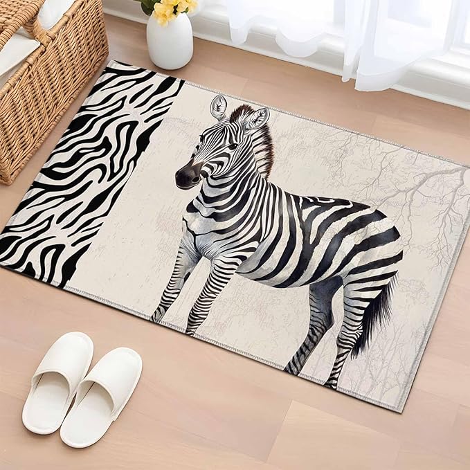 Area Rug 2x3ft, Zebra Black Stripe Animal Portrait Washable Rugs for Living Room Bedroom, Vintage Tree Branch Soft Non-Slip Area Rugs Rectangle Floor Carpet for Dining Room