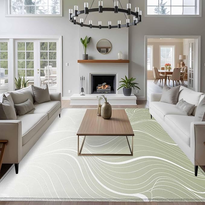 Area Rug 6x9ft, Sage Green Wavy Gradient Stripes Washable Rugs for Living Room Bedroom, Geometric Abstract Art Soft Non-Slip Area Rugs Rectangle Floor Carpet for Dining Room