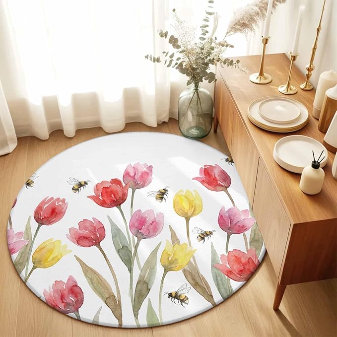 Washable Round Area Rug Red Pink Yellow Tulips Bees Circle Rugs Floor Carpet for Living Room Bedroom, Watercolor Flower Leaves Soft Non Slip Round Rug 5ft