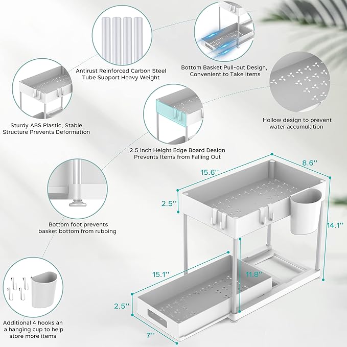 2 Pack Under Sink Organizer with Pull-Out Drawer, 2-Tier Cabinet Storage for Kitchen & Bathroom, Tool-Free Assembly, Fits Cleaning Supplies & Toiletries, Space Saving for Small Cabinets, White