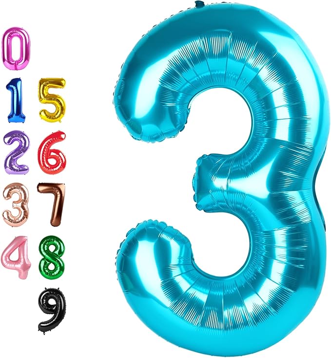 40 Inch Number Balloons 3, Three Light Blue Happy Birthday Balloons for Girls Boys Babies, Number Balloons for 3 13 23 30 Wedding Bridal Shower Anniversaries Party