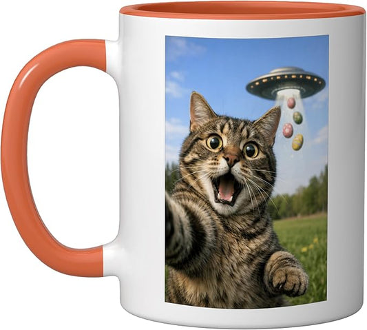 Funny Cat Selfie with Easter Eggs UFO for Men Women Kids Ceramic Mug, Orange/White